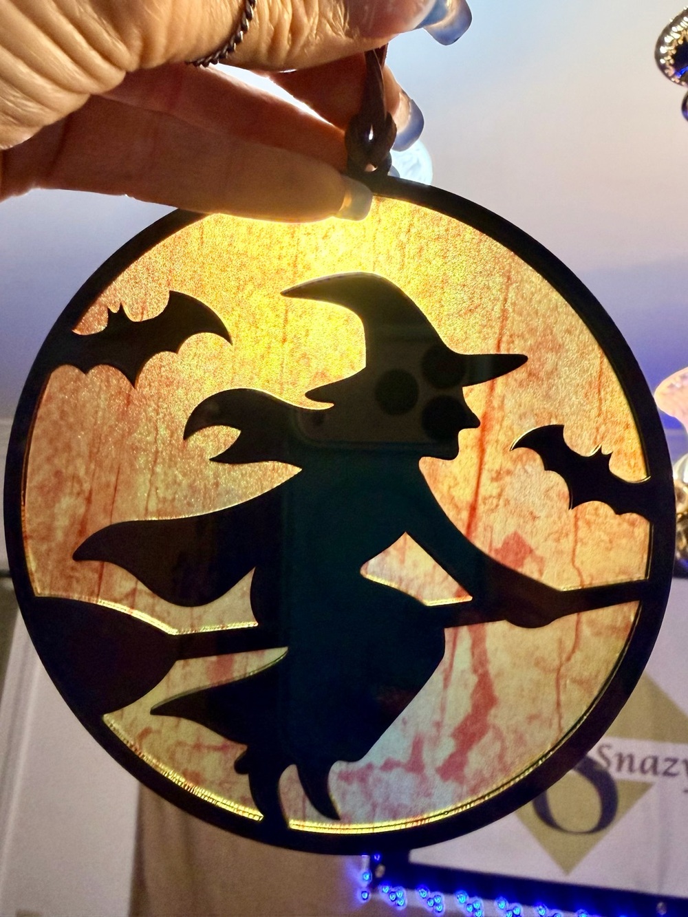 Hand crafted by me Witch on broomstick Sun catcher made to order